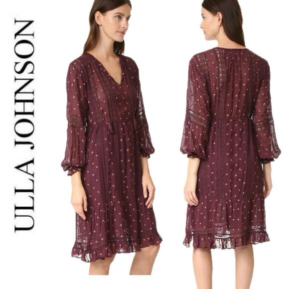 ULLA JOHNSON DRESS MYNA TIERED RUFFLE FLORAL EMBROIDERY SZ 2 EMBELLISHMENT CHIC - Picture 1 of 16